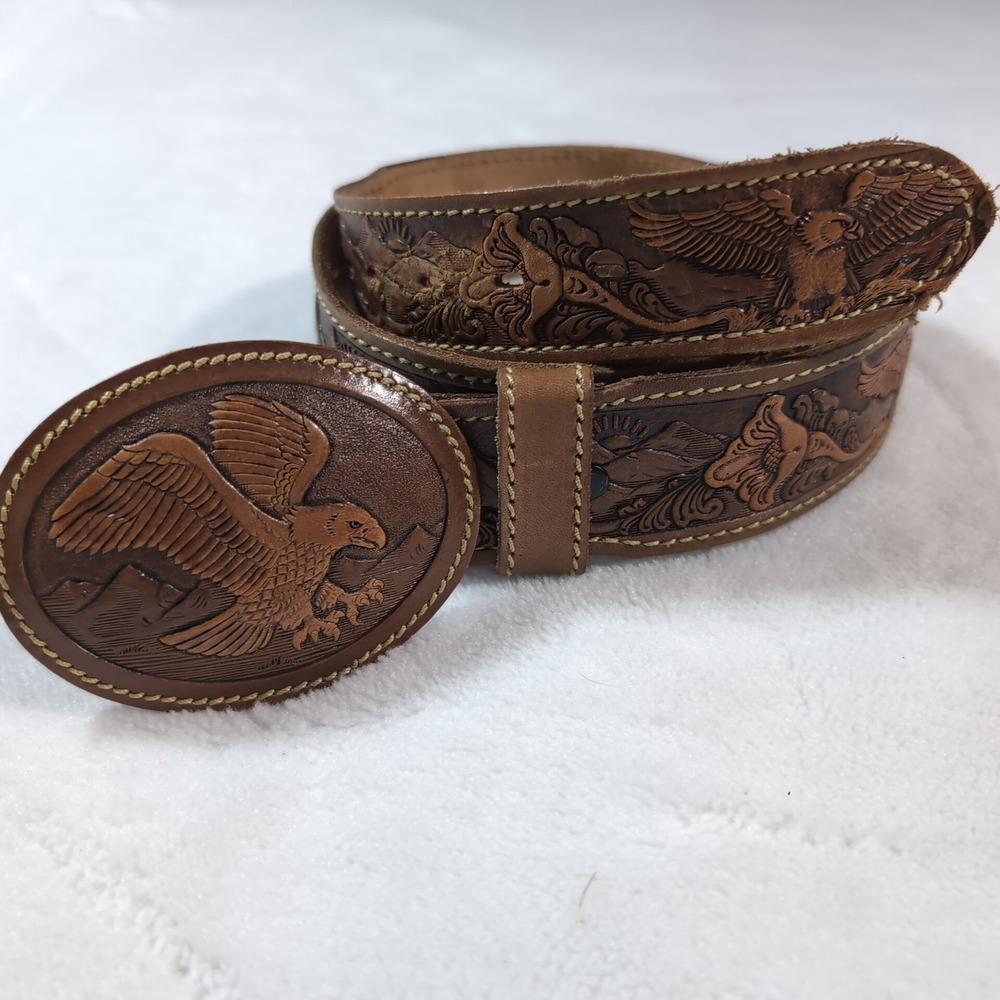 Chambers Belt Mens 38 Brown Tooled Leather Eagle Western Made in USA Cowboy
